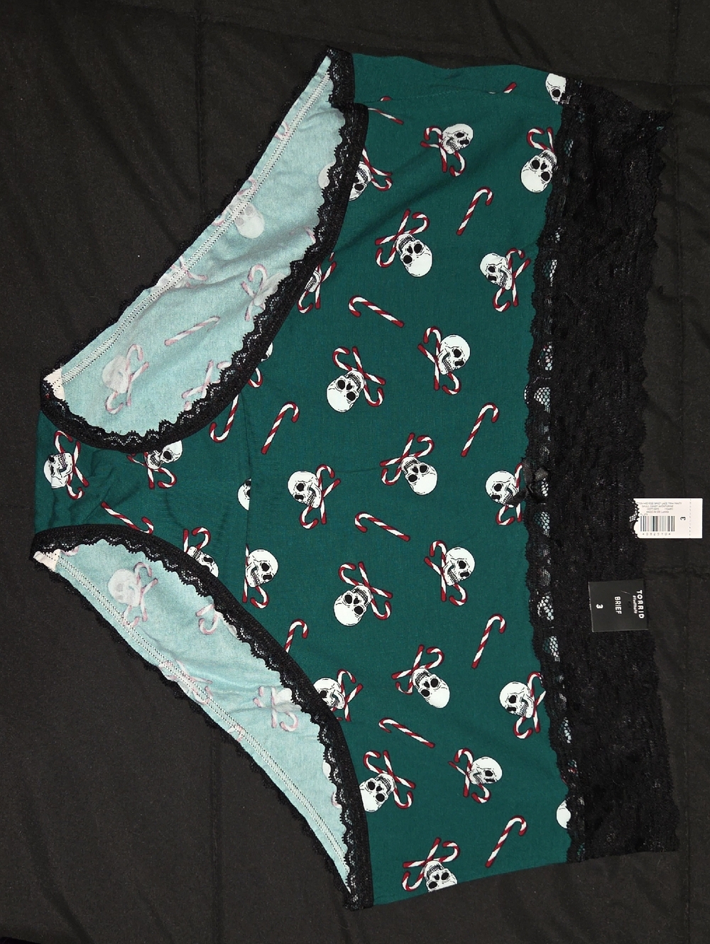 Women's Green Skull & Candy Cane Lace Trim Brief